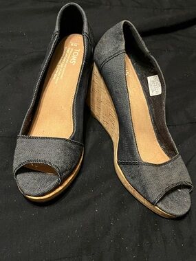 TOMS Denim Peep-Toe Wedge Heels - Black Denim